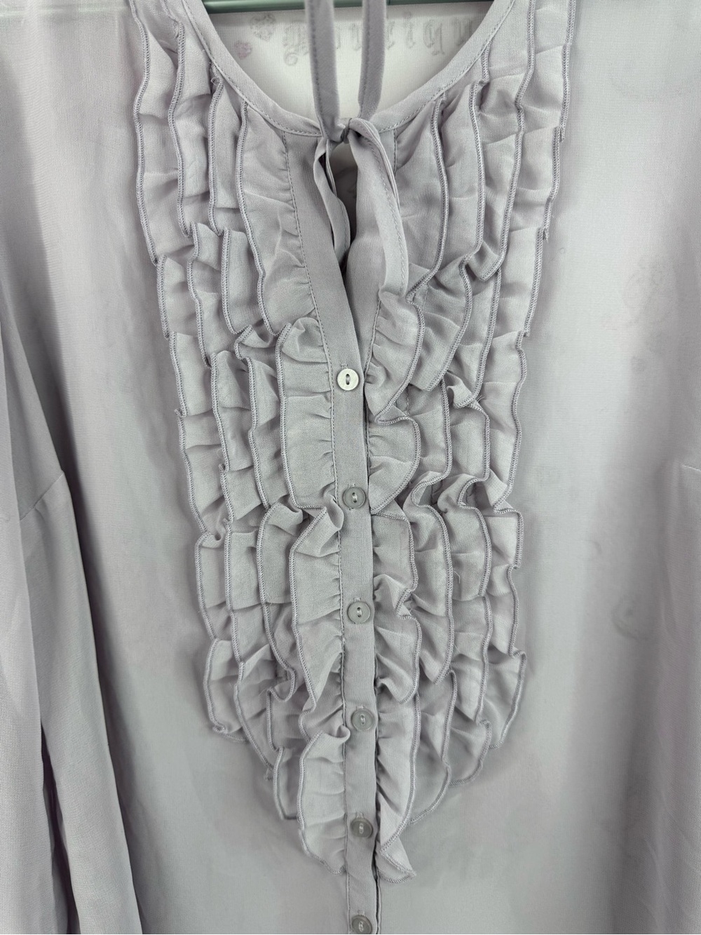 cleo shirt blouse ruffles frilly tie up ribbon Lavender Ruffle Tie-Neck Blouse - Picture 7 of 11